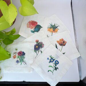 Vintage Linen Cocktail Napkins Botanical Floral Set of 6 Cottage Garden Hostess